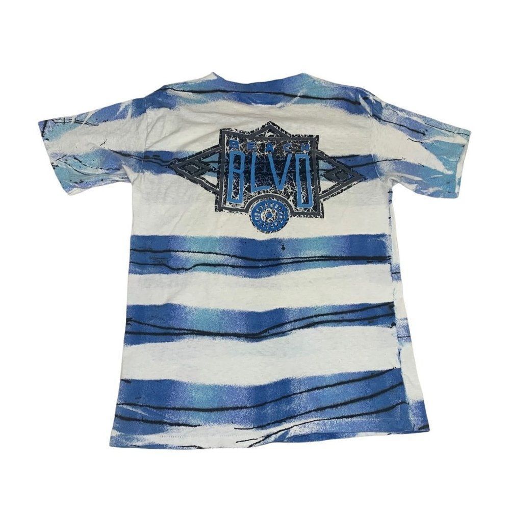 Vintage Beach Blvd T-Shirt Tie Dye Blue White Surfer California Single Stitch